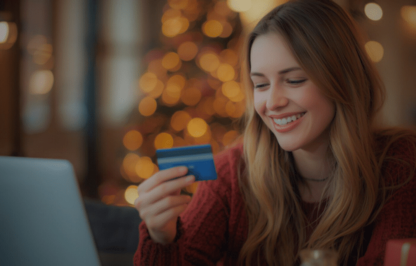 Woman shopping online on laptop at home during holiday season