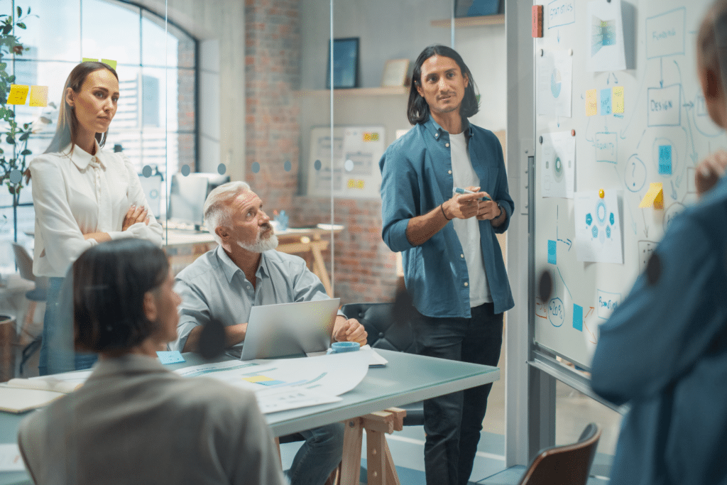 Business team collaborating on operational planning and workflows