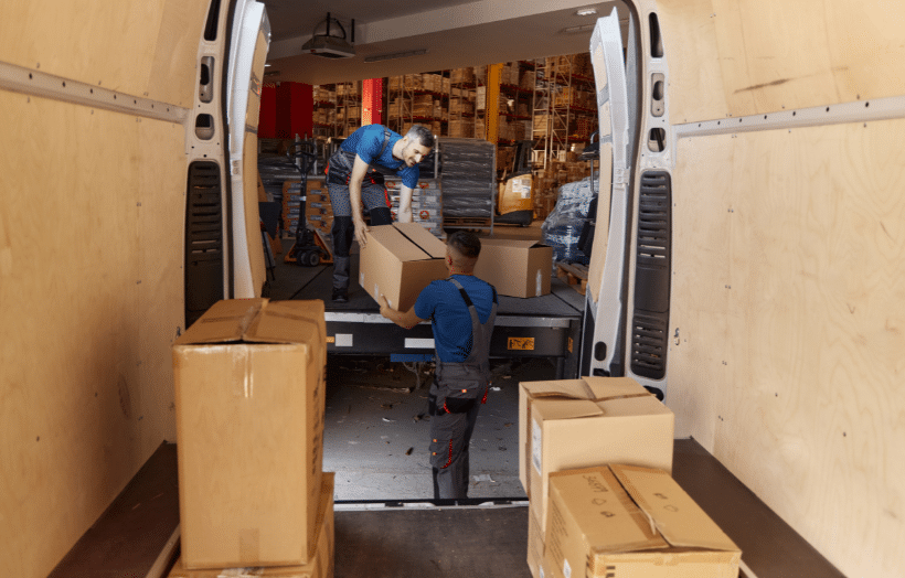 Fulfillment center workers loading packages into delivery van for shipment
