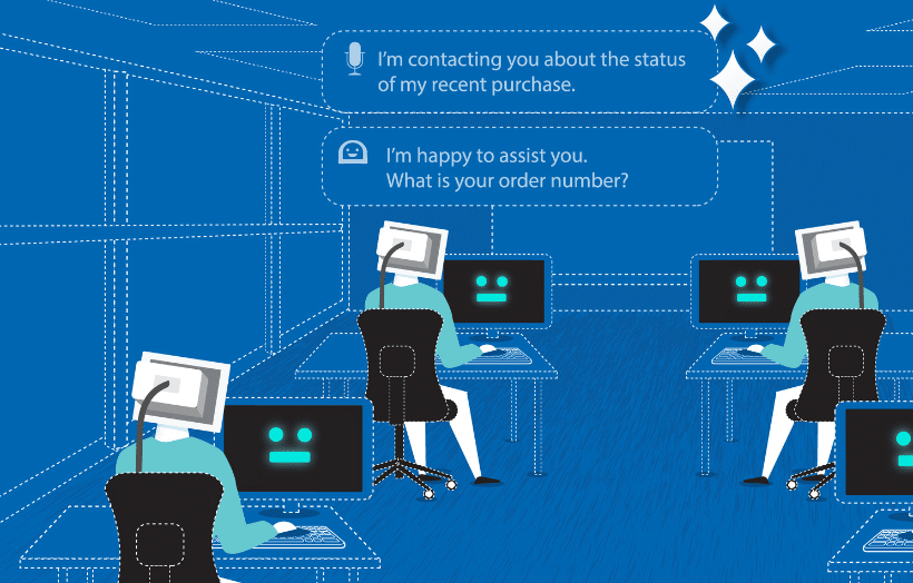 AI chatbot assistants handling customer service inquiries in automated contact center environment