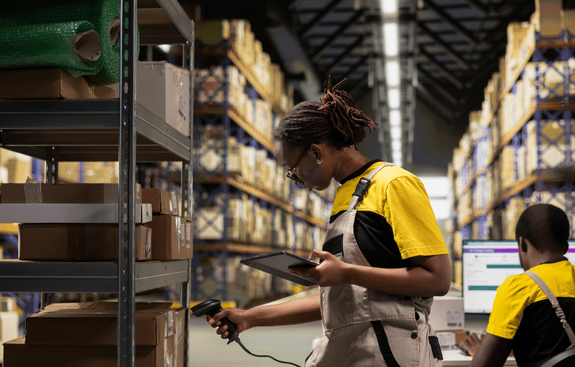Warehouse associate scanning inventory with a barcode scanner and tablet at a shelving unit in a fulfillment center