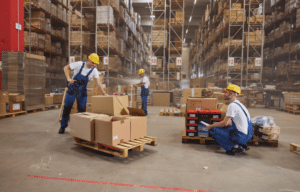 Warehouse operations showing both individual package fulfillment and bulk distribution inventory management