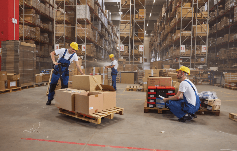Warehouse operations showing both individual package fulfillment and bulk distribution inventory management
