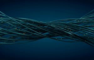 Abstract illustration of intertwined fiber optic cables glowing against a dark teal background
