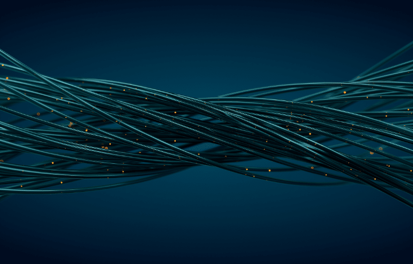 Abstract illustration of intertwined fiber optic cables glowing against a dark teal background