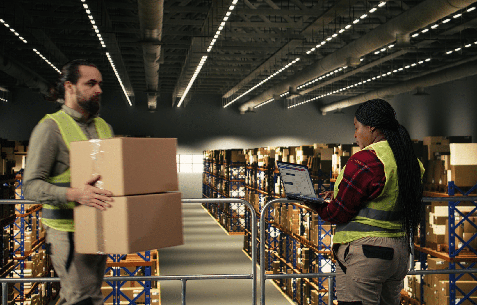 Warehouse associates handling order fulfillment and inventory tracking for automotive dealer distribution