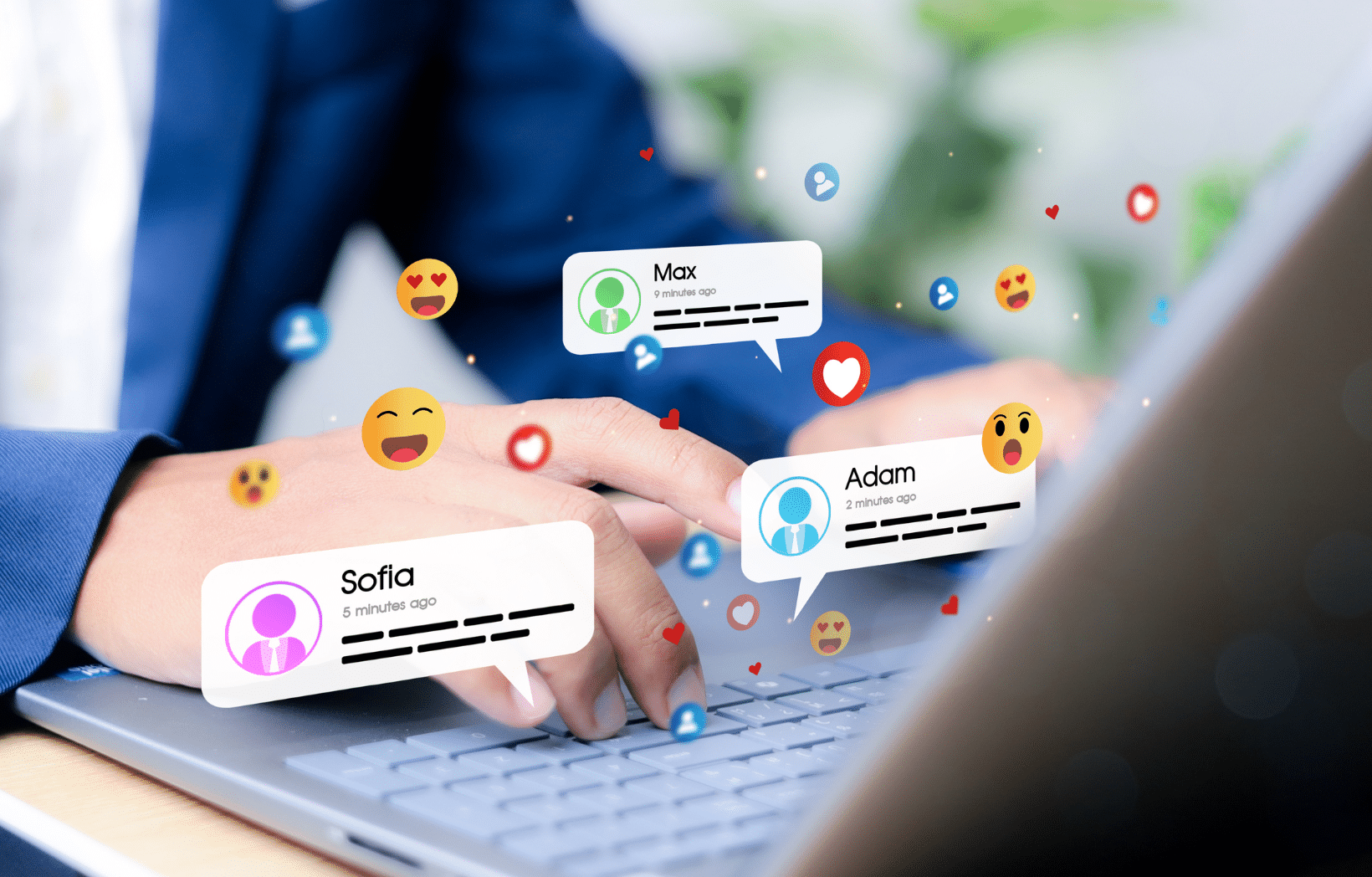 Customer care representative responding to multiple social media mentions and messages on laptop
