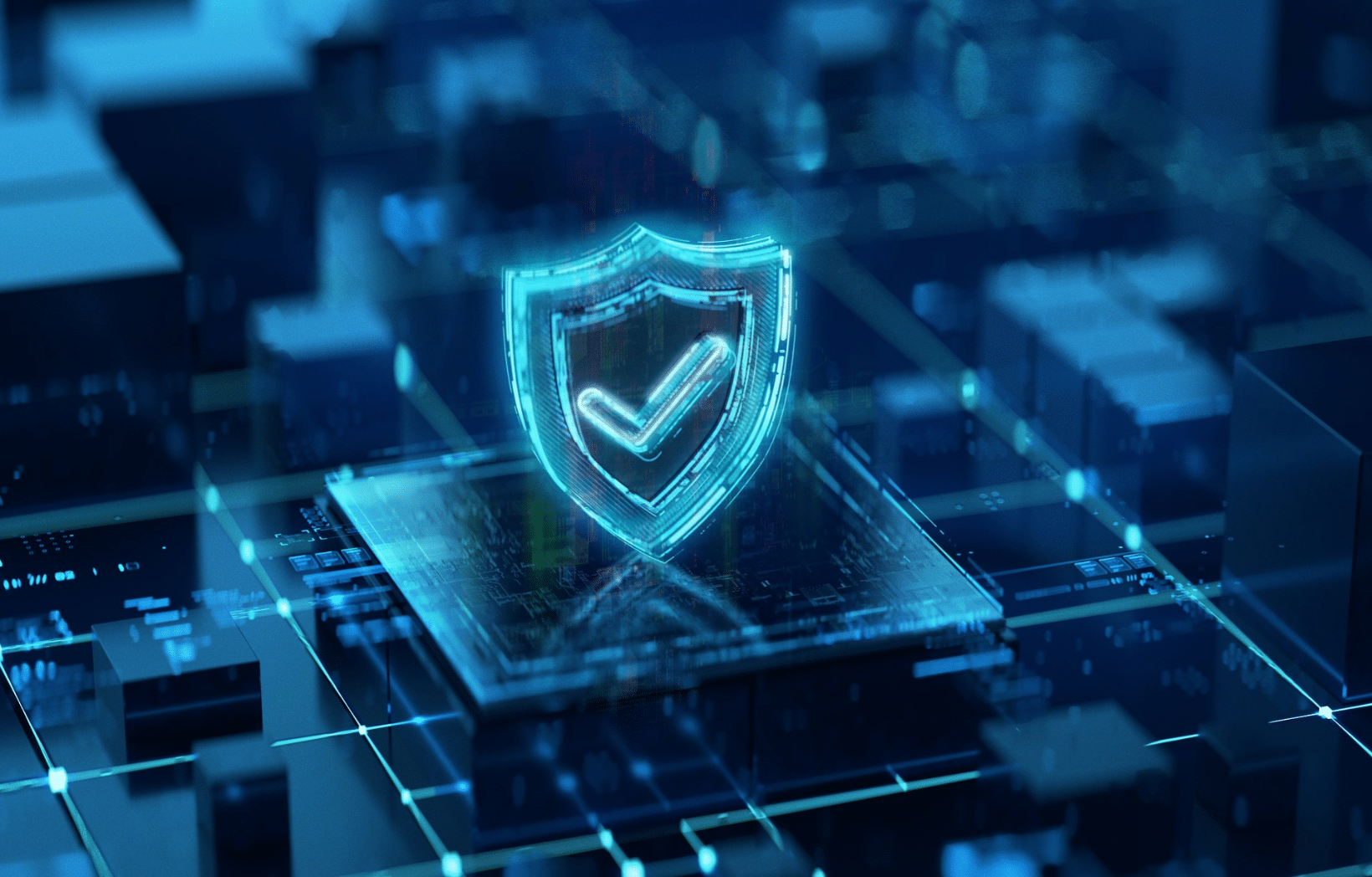 Digital shield with a checkmark over a circuit board, representing oversight and guardrails in an AI governance framework