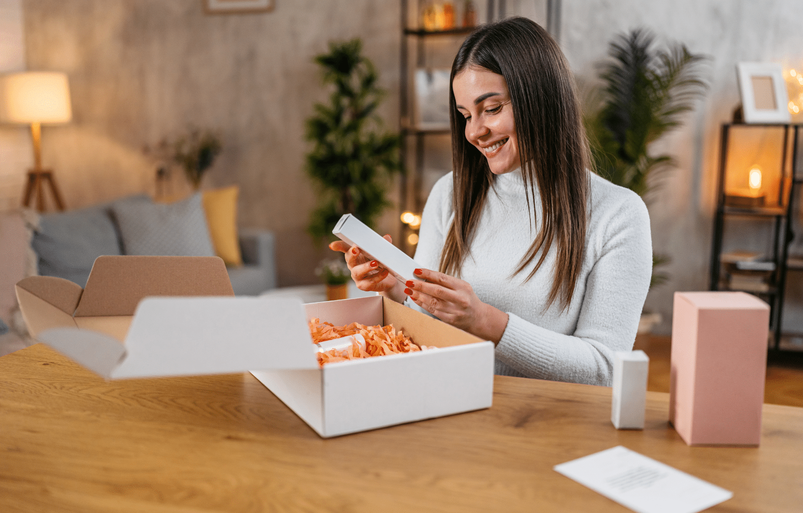 Smiling woman unboxing a premium product from a branded package at home